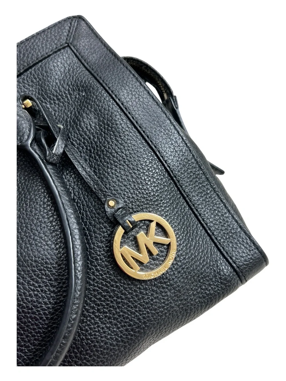Michael Kors Black Leather Satchel with Gold MK Charm